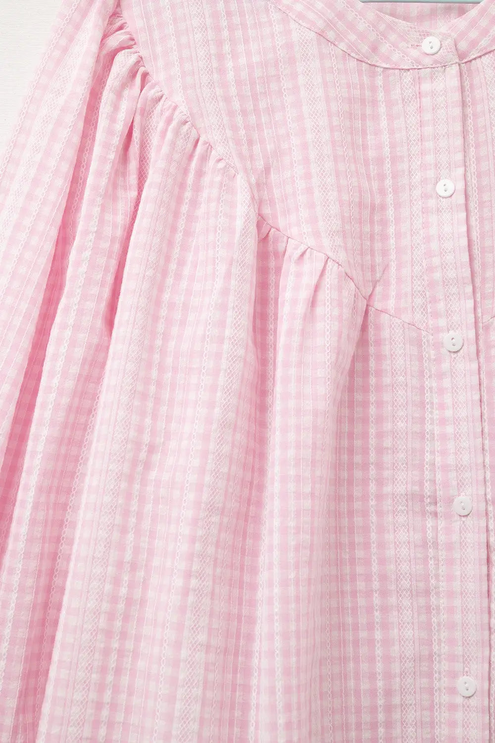 Gingham Pale Pink Collarless Blouse With Wide Sleeves - Shirts