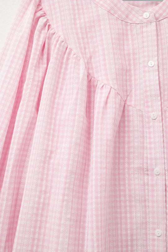 Gingham Pale Pink Collarless Blouse With Wide Sleeves - Shirts