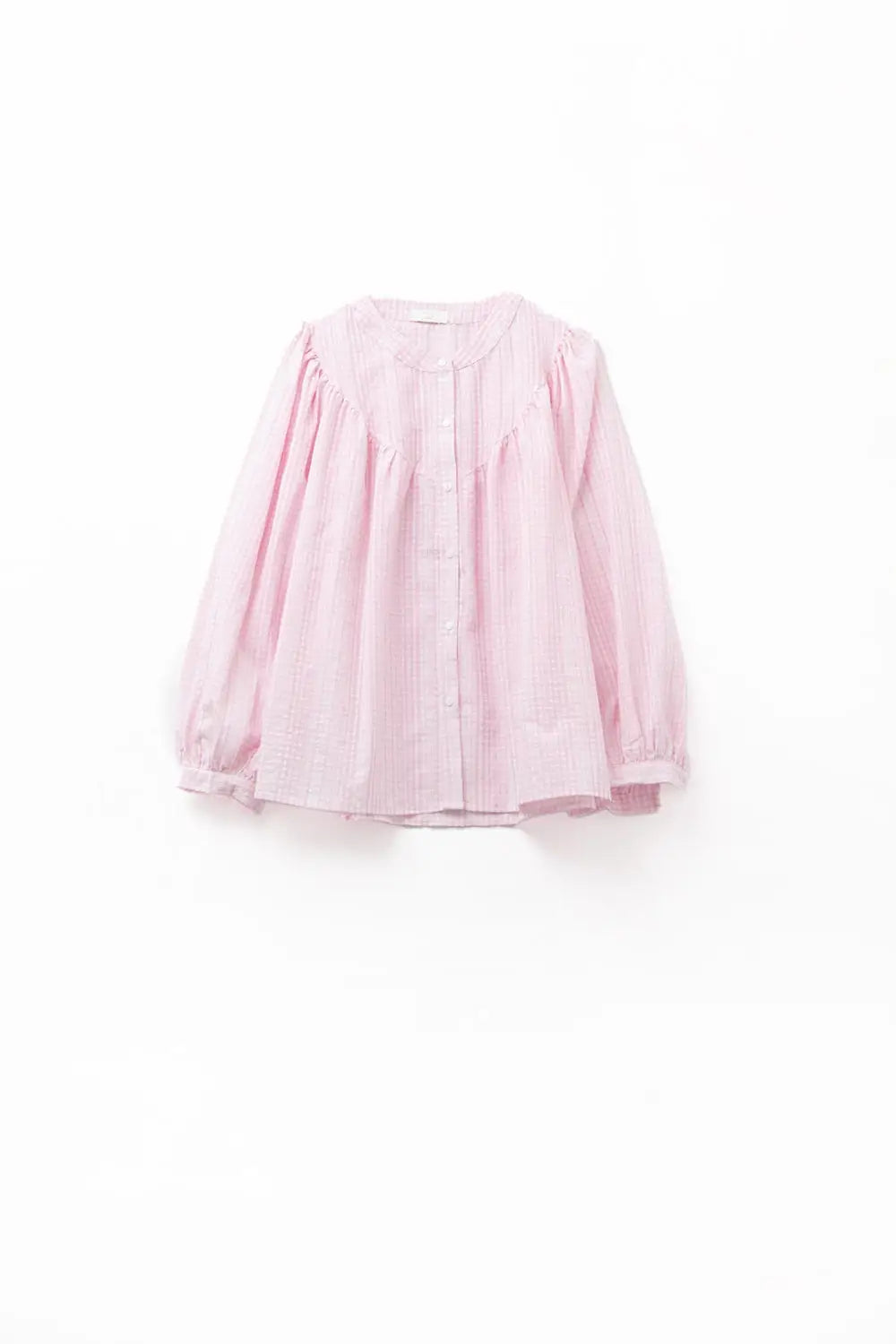 Gingham Pale Pink Collarless Blouse With Wide Sleeves - Shirts