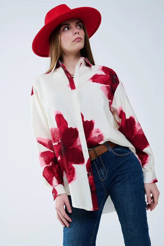 Relaxed Shirt in Beige With Red Tropical Flower Print in Red - Shirts