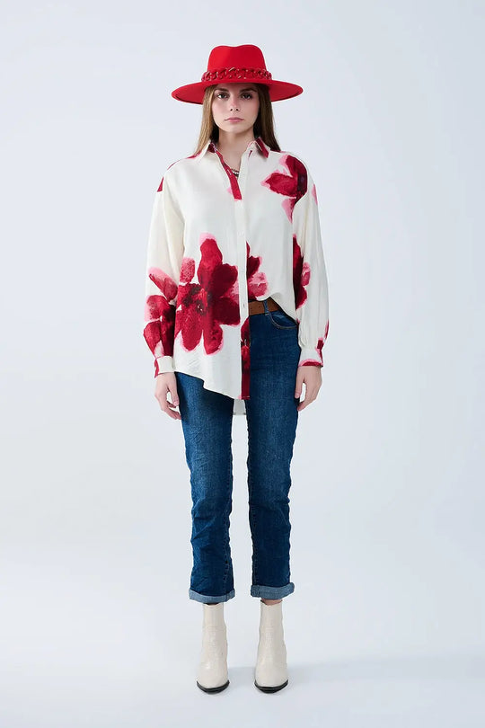 Relaxed Shirt in Beige With Red Tropical Flower Print in Red - Shirts