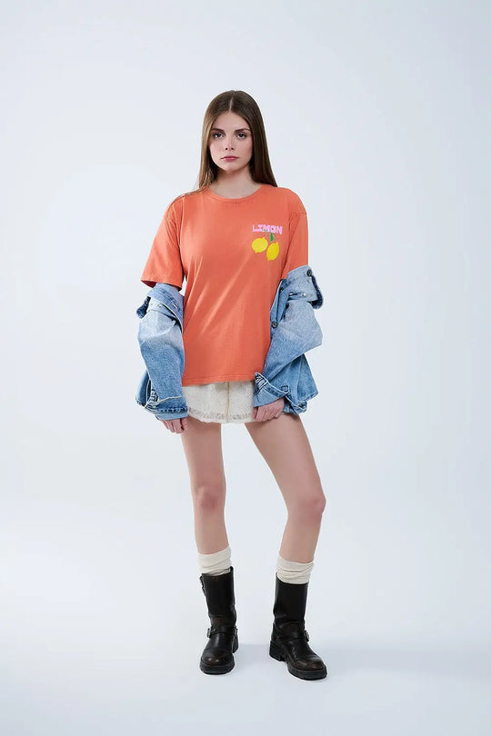relaxed orange t-shirt with lemon print - ORANGE / ONE - T-Shirts