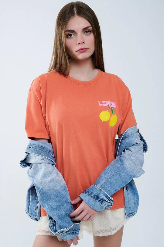relaxed orange t-shirt with lemon print - ORANGE / ONE - T-Shirts
