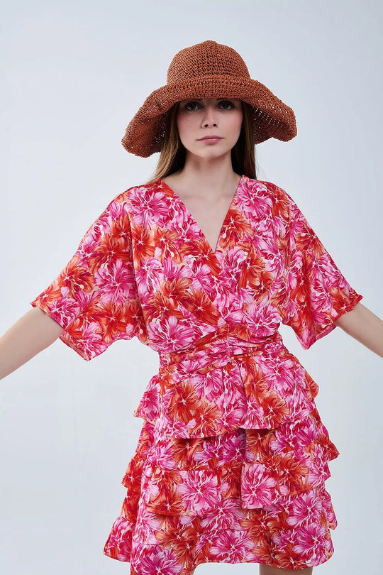 Floral printed Dress With Pink Orange and Red Tones - Dresses