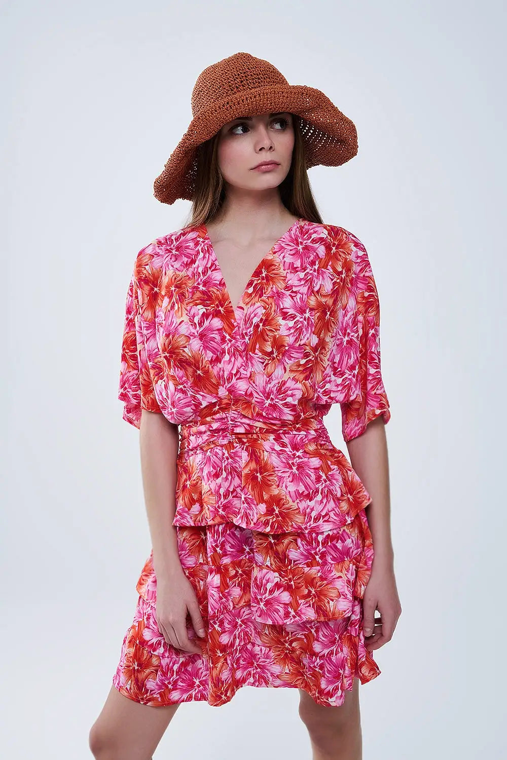 Floral printed Dress With Pink Orange and Red Tones - Dresses