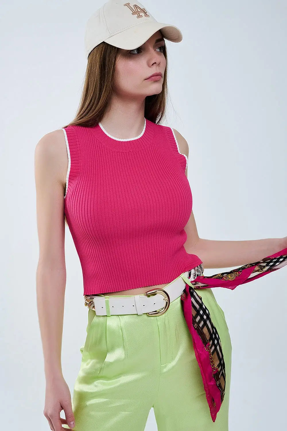 Raspberry Pink Fitted Tank Top with White Trim - Sweaters
