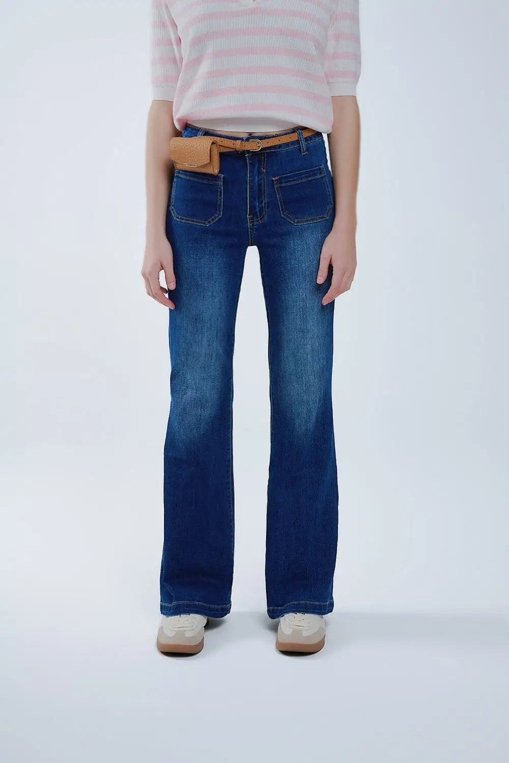 Dark Blue Flared Jeans with Front Pockets