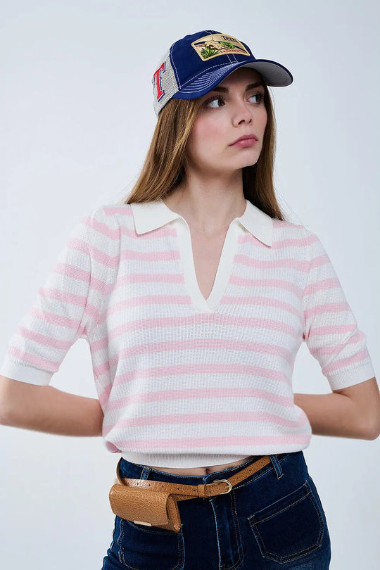 White Crop knitted polo Top with Pink Stripes - Sweaters