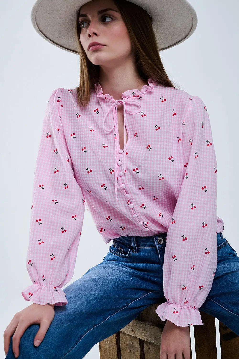Pink Blouse with Cherry Details and Tied Bow - Shirts
