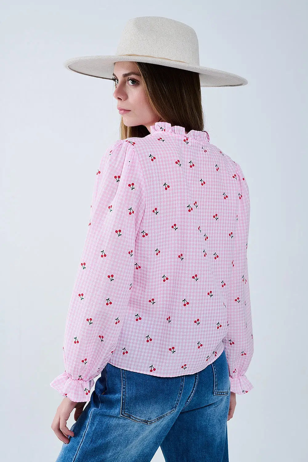 Pink Blouse with Cherry Details and Tied Bow - Shirts
