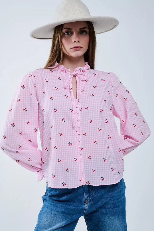 Pink Blouse with Cherry Details and Tied Bow - Shirts