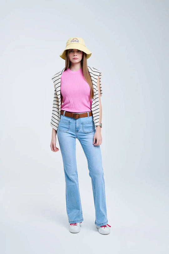 Skinny Light Wash Flare Jeans With Front Pockets