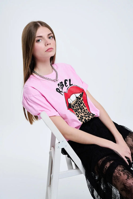 Pink Rebel Graphic Tee with Leopard Print Tongue - PINK / ONE - T-Shirts