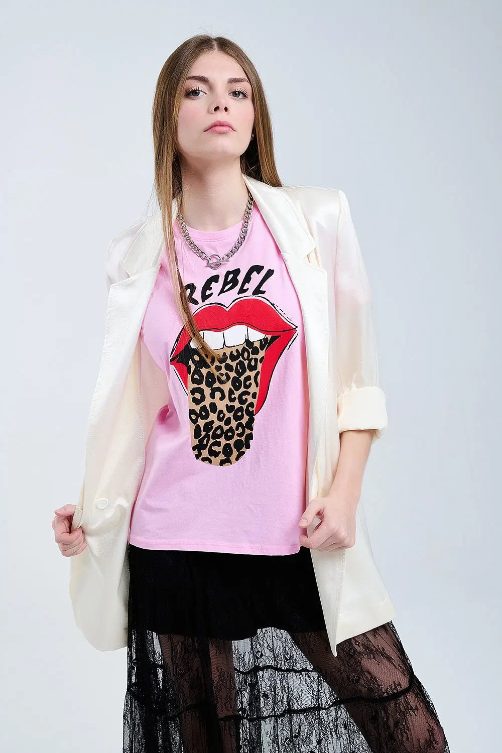 Pink Rebel Graphic Tee with Leopard Print Tongue - PINK / ONE - T-Shirts