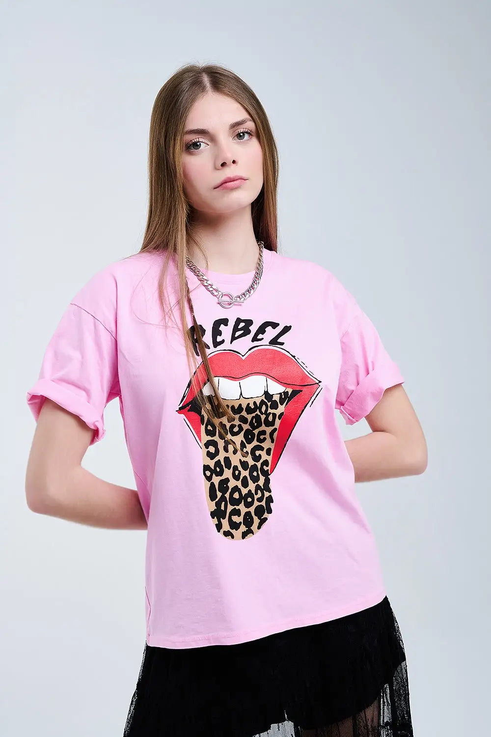 Pink Rebel Graphic Tee with Leopard Print Tongue - PINK / ONE - T-Shirts
