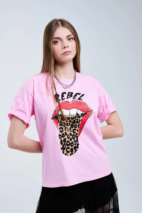 Pink Rebel Graphic Tee with Leopard Print Tongue - PINK / ONE - T-Shirts