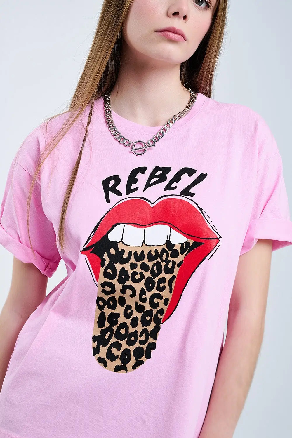 Pink Rebel Graphic Tee with Leopard Print Tongue - PINK / ONE - T-Shirts