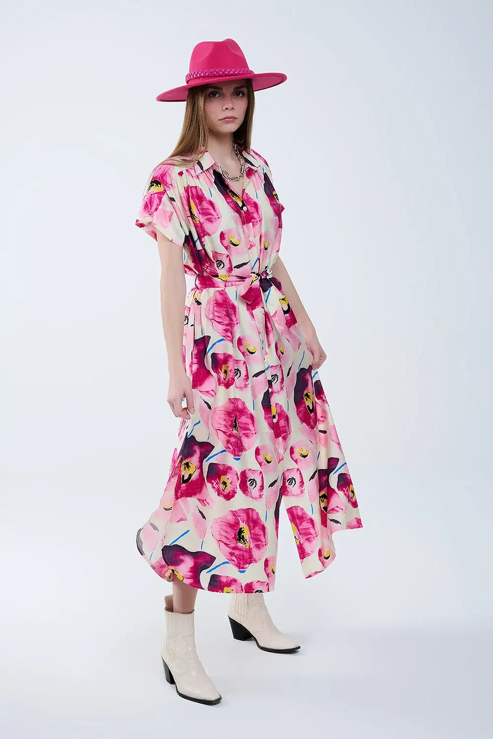 Floral printed buttoned shirt dress in fuchsia - Dresses