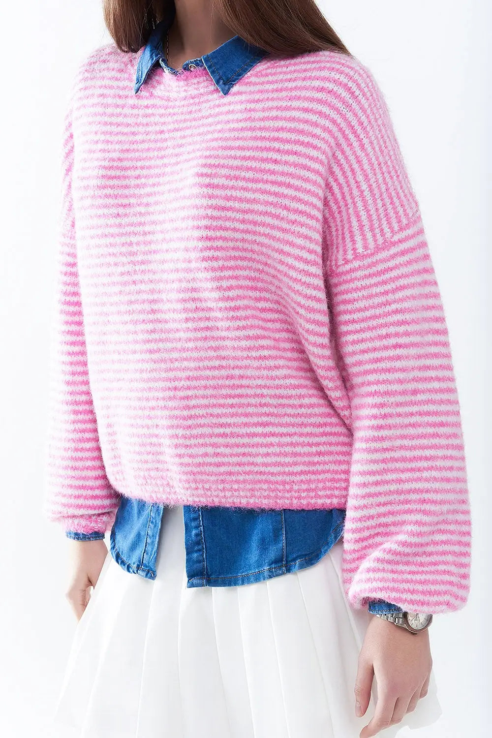 Sweater in Pink With White Stripes - PINK / ONE - Sweaters