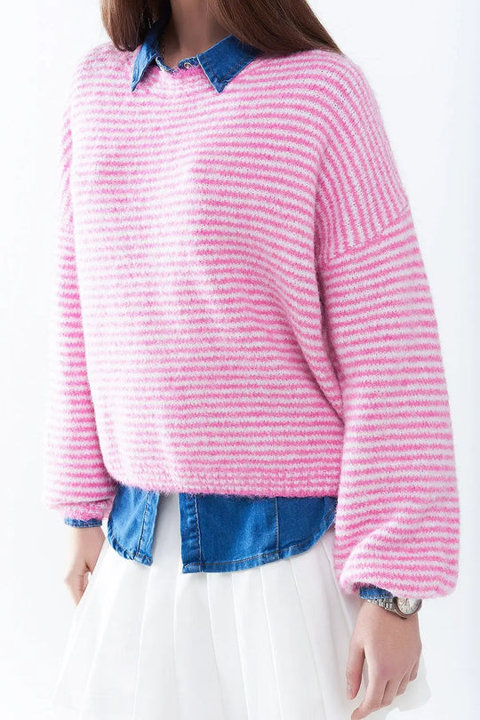 Sweater in Pink With White Stripes - PINK / ONE - Sweaters