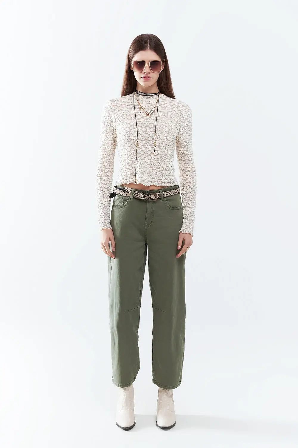 Straight Ankle-Length Pants in khaki with Knee Seam Detail - Colored Jeans