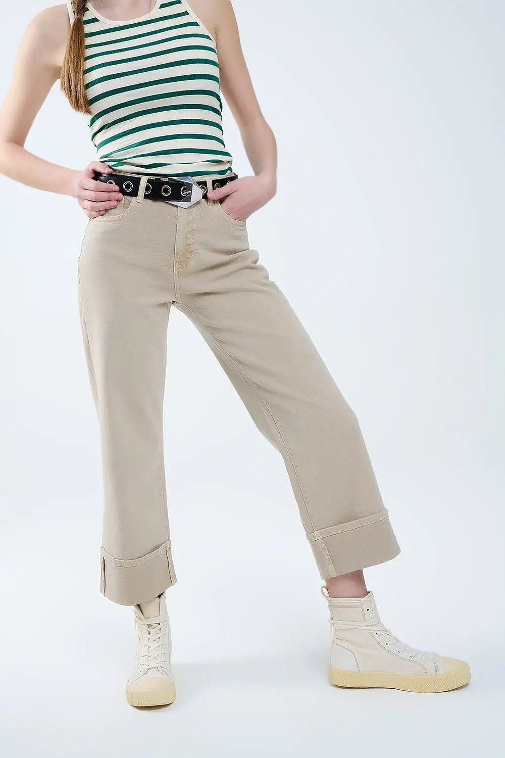 Beige Straight leg Pants with cropped hem - Colored Jeans