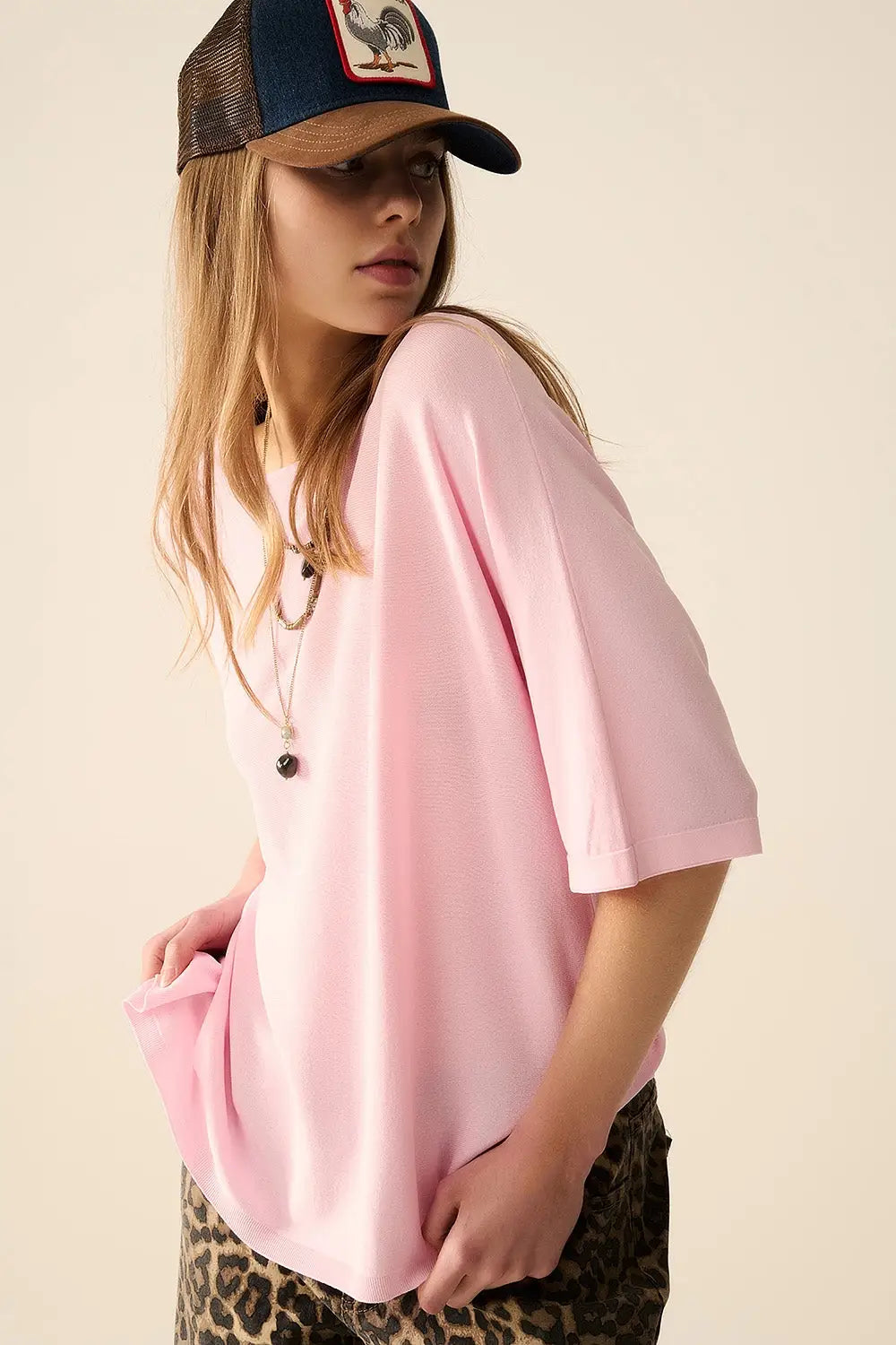 Oversized sweater in Pink with Elbow-Length Sleeves - PINK / ONE - Sweaters