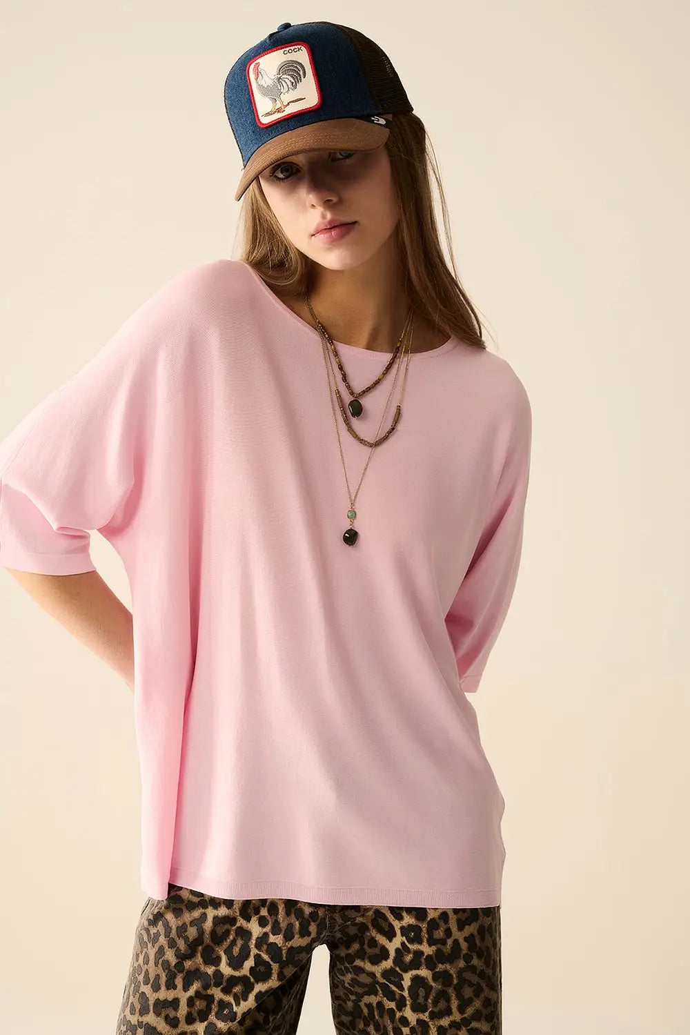 Oversized sweater in Pink with Elbow-Length Sleeves - PINK / ONE - Sweaters