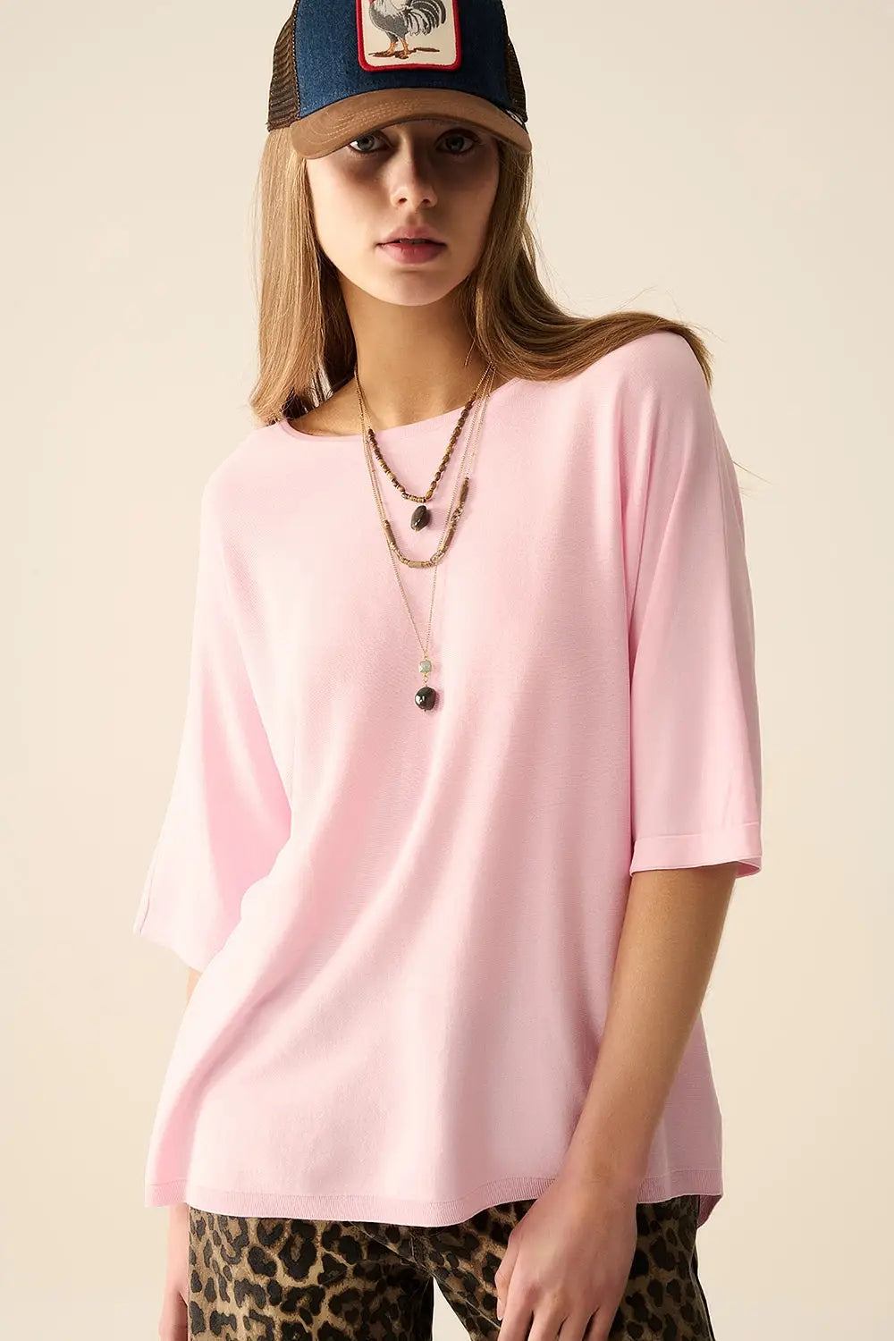 Oversized sweater in Pink with Elbow-Length Sleeves - PINK / ONE - Sweaters