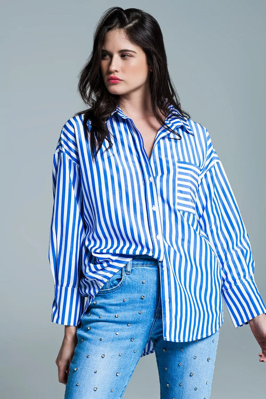 White oversized blouse with vertical stripes in blue and chest pocket - Shirts