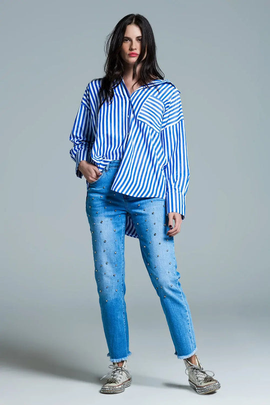 White oversized blouse with vertical stripes in blue and chest pocket - Shirts