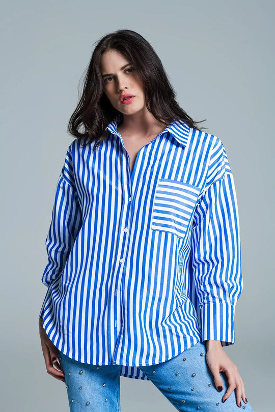 White oversized blouse with vertical stripes in blue and chest pocket - Shirts