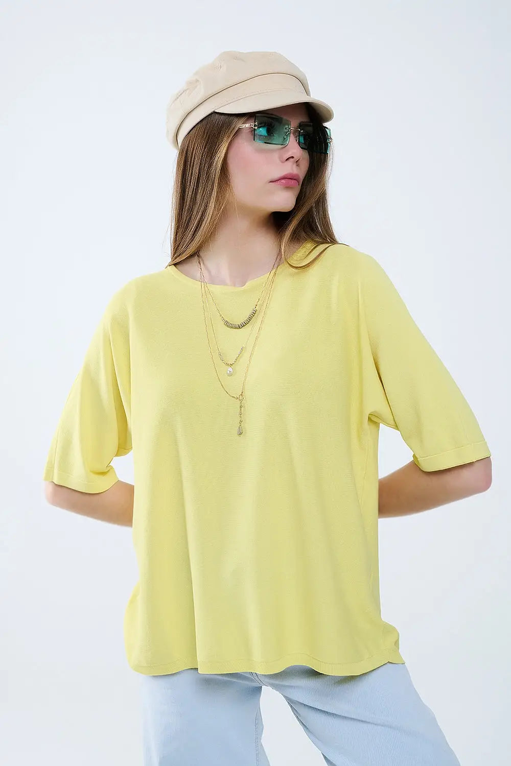 Oversized Yellow Sweater with Elbow-Length Sleeves - YELLOW / ONE - Sweaters