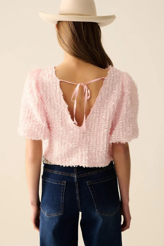 Pink top with sequin detail and balloon sleeves - Tops