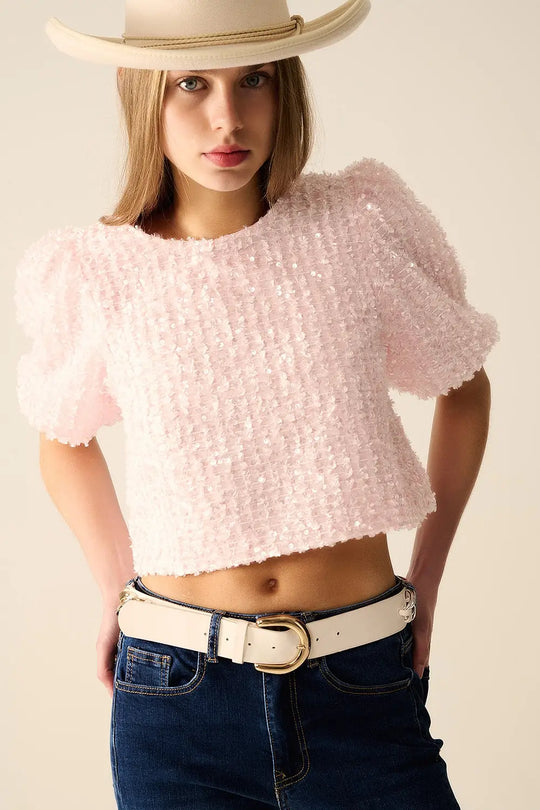 Pink top with sequin detail and balloon sleeves - Tops