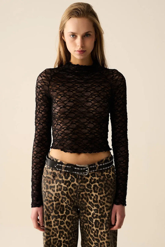 Black Cropped lace t-shirt with Long Sleeves - Tops