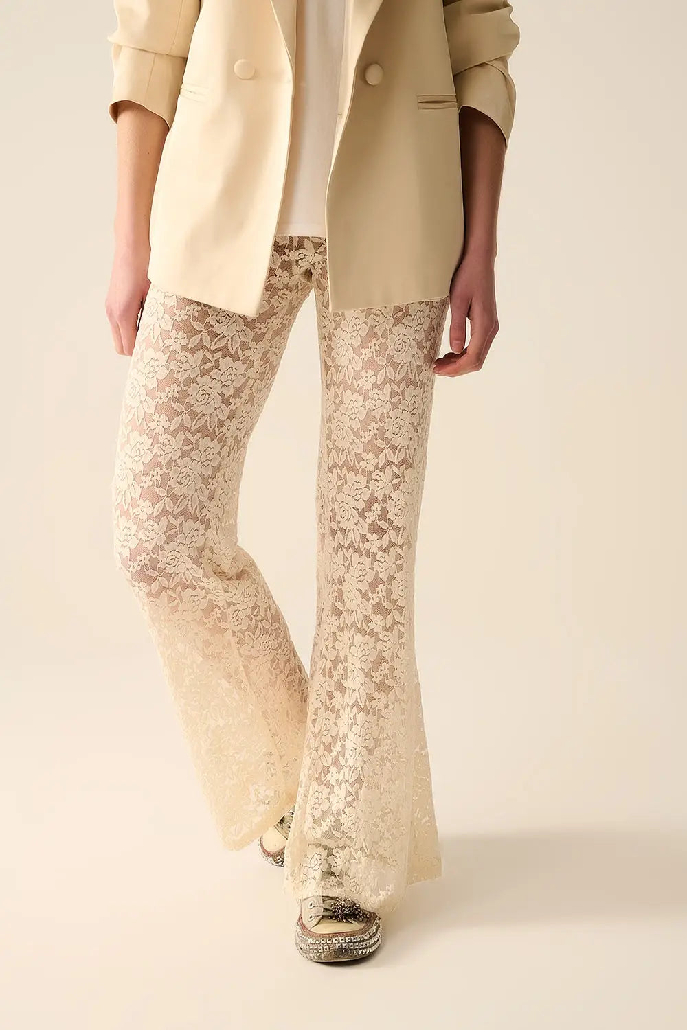 Cream flare Pants in Floral Lace - Pants