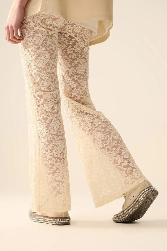 Cream flare Pants in Floral Lace - Pants