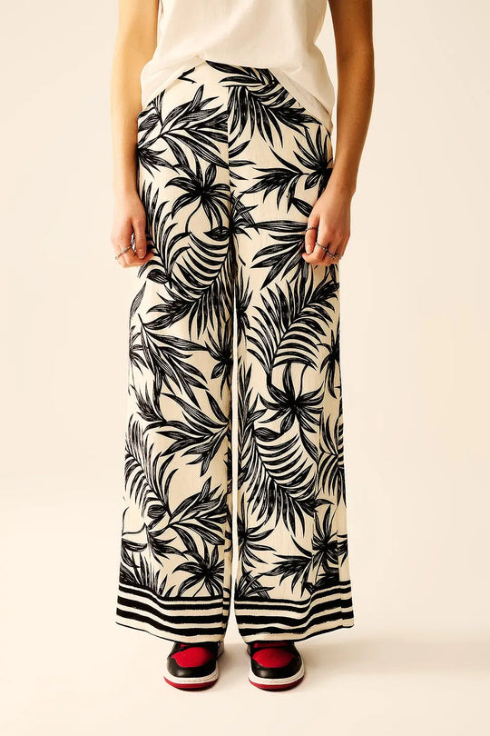 Wide Leg Pants In White With Floral Detail In Black - Pants
