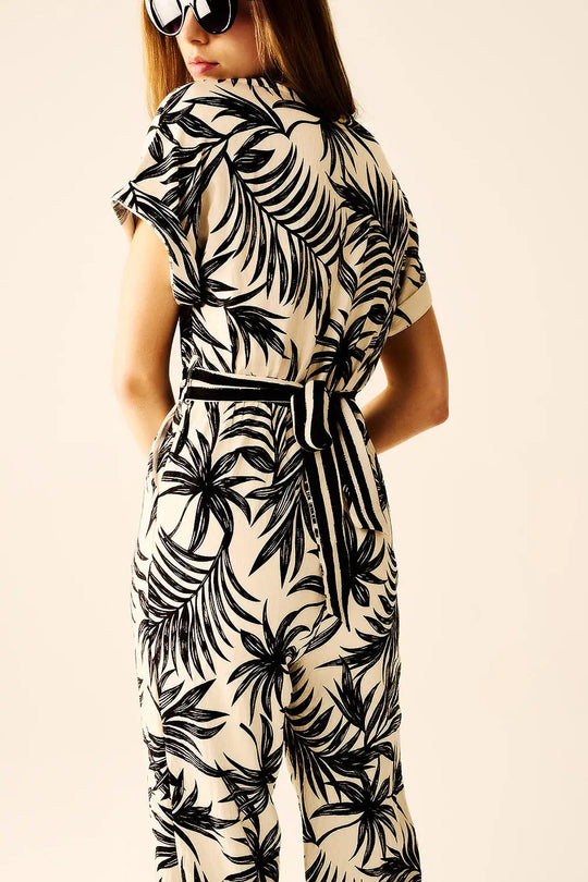 Tropical Motif Short Sleeve Jumpsuit in black and white - Jumpsuits