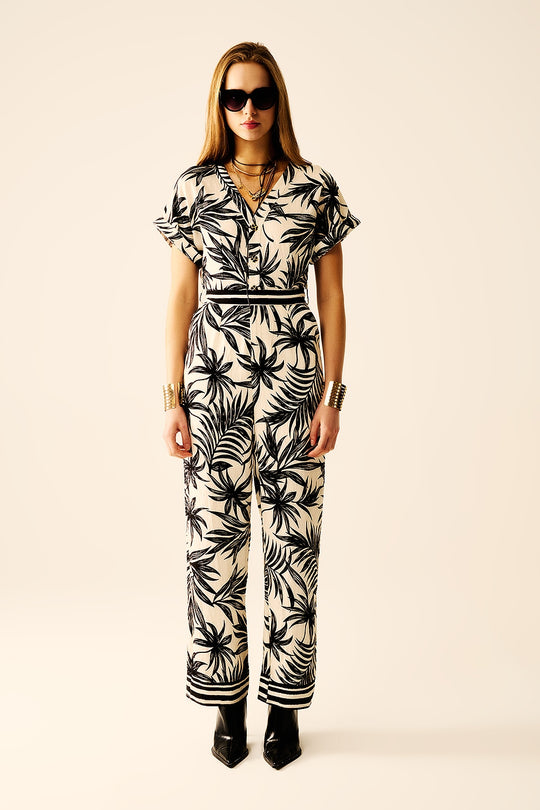 Tropical Motif Short Sleeve Jumpsuit in black and white
