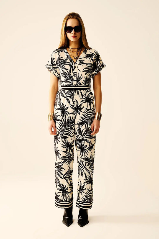 Tropical Motif Short Sleeve Jumpsuit in black and white - Jumpsuits