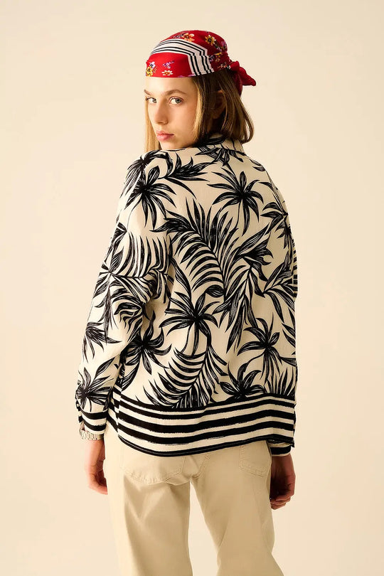 Tropical Motif Relaxed Blouse in Black and White - Shirts