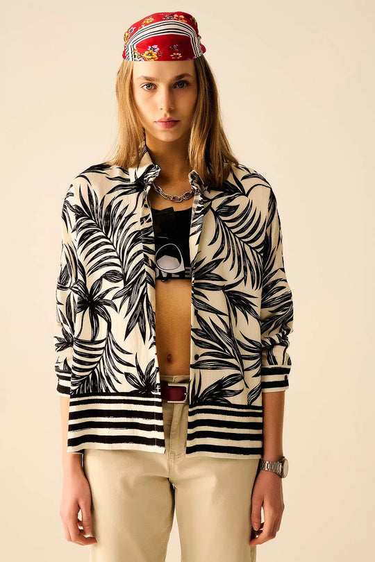 Tropical Motif Relaxed Blouse in Black and White - Shirts