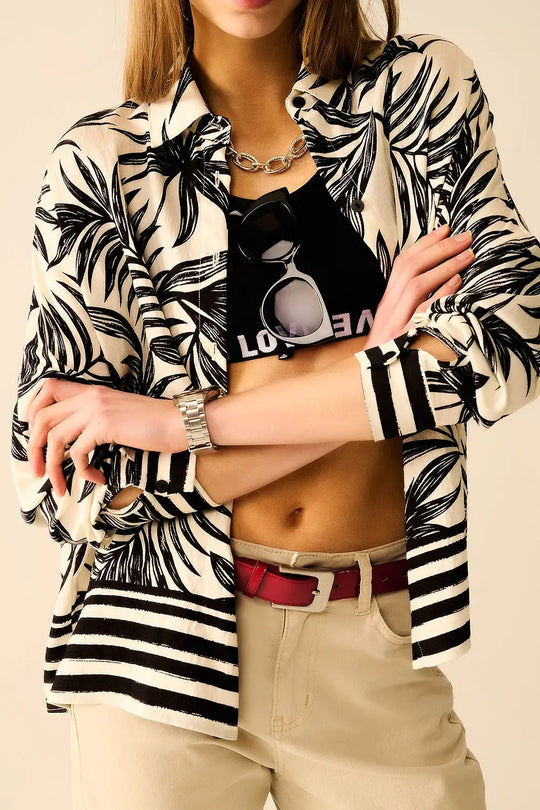 Tropical Motif Relaxed Blouse in Black and White - Shirts