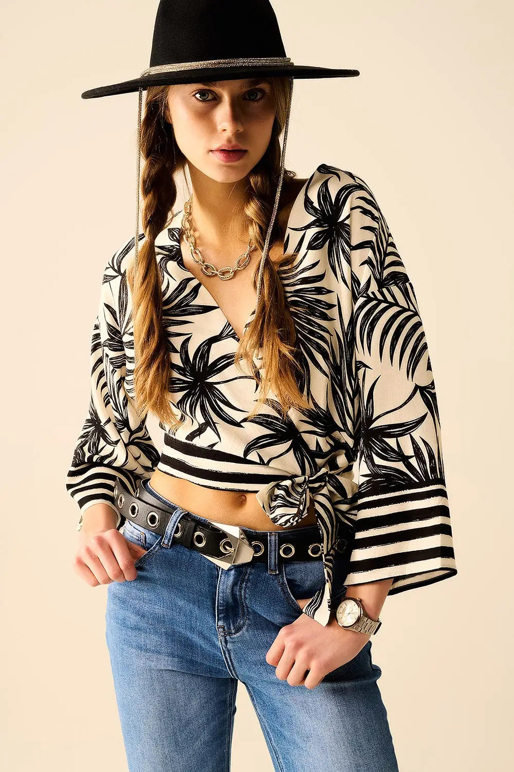 Cropped Top In White With Tropical Motif in Black - Shirts