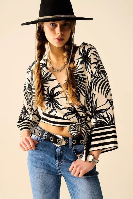 Cropped Top In White With Tropical Motif in Black - Shirts