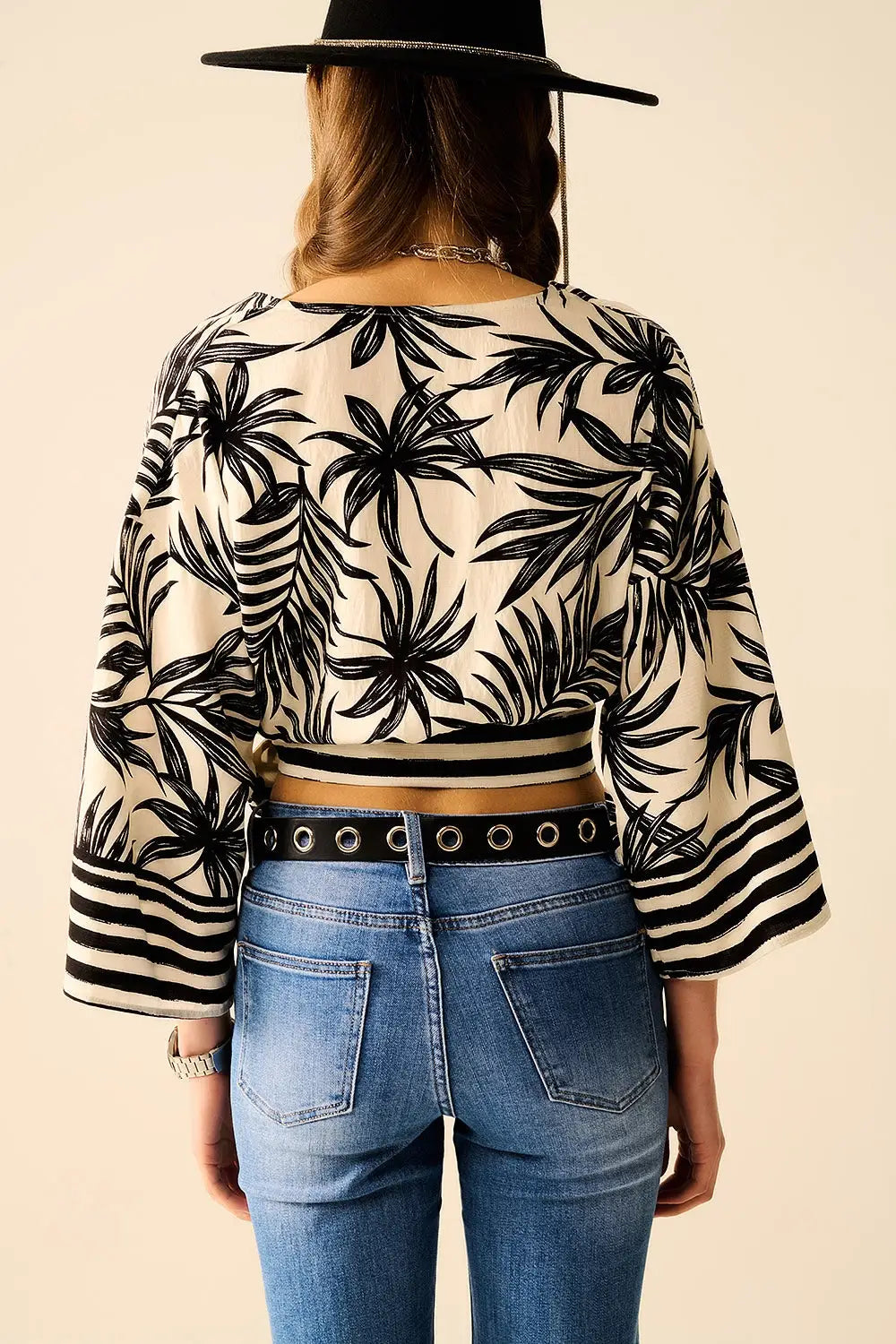 Cropped Top In White With Tropical Motif in Black - Shirts