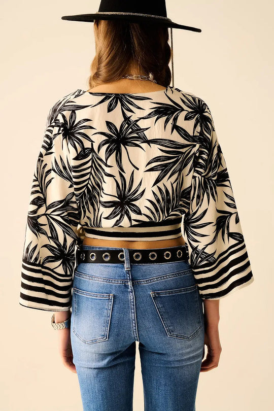 Cropped Top In White With Tropical Motif in Black - Shirts