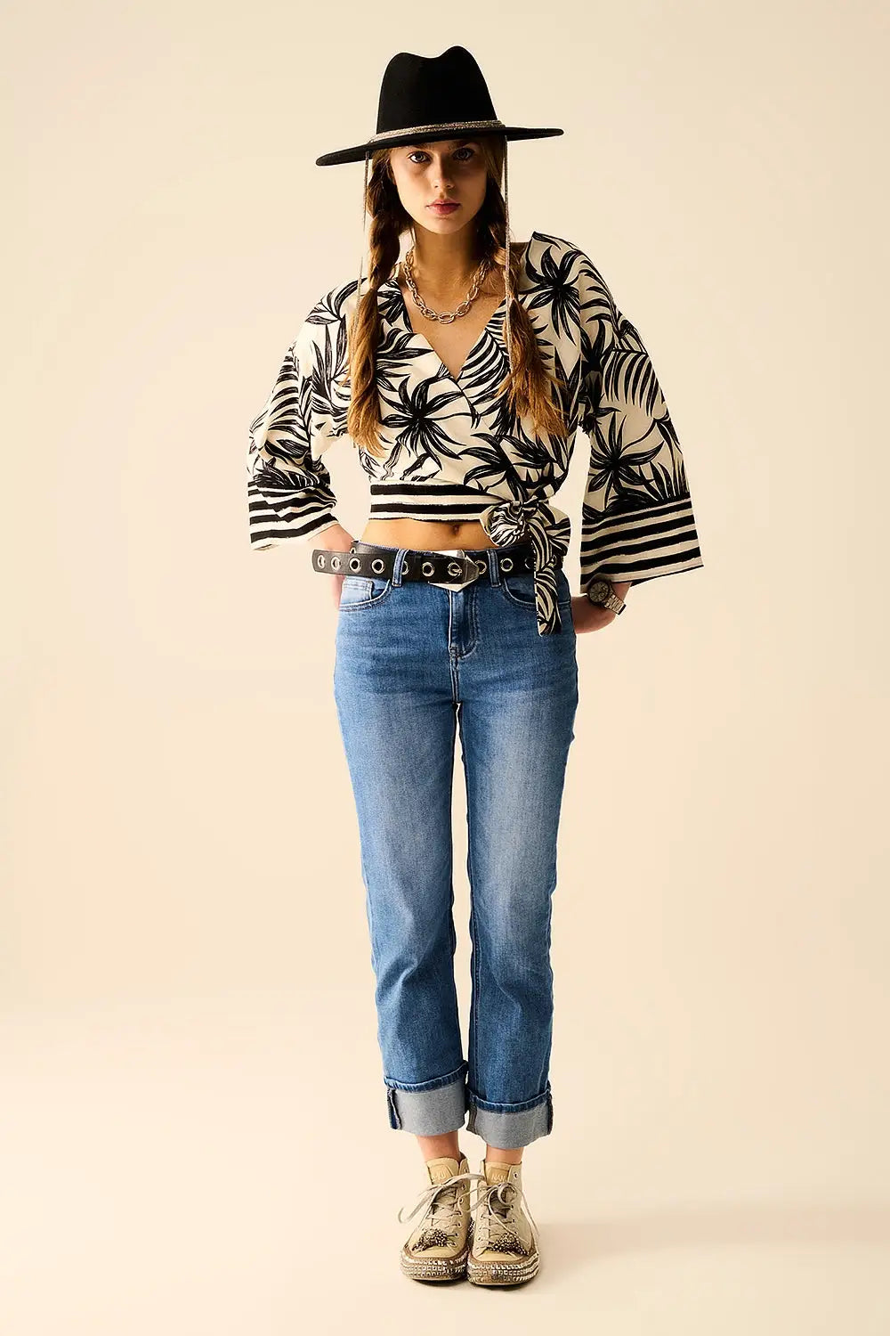 Cropped Top In White With Tropical Motif in Black - Shirts
